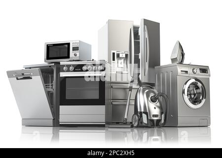 Home appliances. Household kitchen technics isolated on white background. Fridge, dishwasher, gas cooker, microwave oven, washing machine vacuum clean Stock Photo
