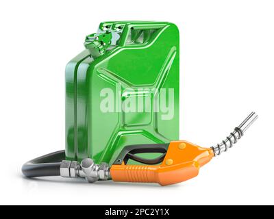 Gas pump nozzle and jerrycan isolated on  white background. 3d illustration Stock Photo