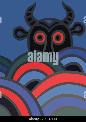 Devil with red eyes hiding behind waves of blue and red colored circles. Decorative geometric abstract illustration wall art poster of fear, hiding Stock Photo