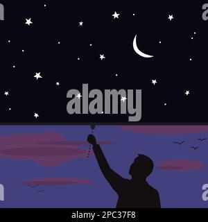 Illustration cartoon hand drawing person closing the curtain of night sunset crescent moon stars closing down as a curtain on cloudy skies good night Stock Photo