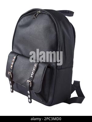 Black backpack isolated on white background. Fashionable new leather women's bag. Accessory schoolbag or handbag mock up. Clipping path back pack. Stock Photo