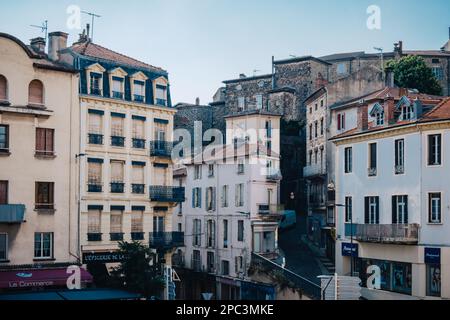 Houses and facades near the Freedom Square in the old town of Annonay in the south of France (Ardeche) Stock Photo