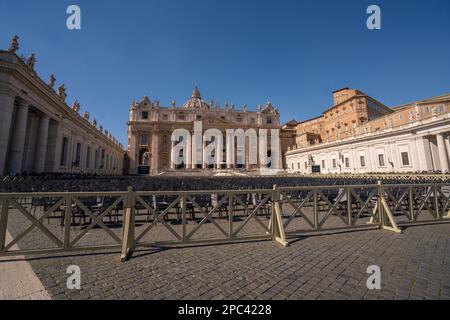 Rome, Italy. 13 March 2023. Saint Peter's square Vatican in spring sunshine as today marks ten years since pope Francis I  born Jorge Mario Bergoglio who  was elected by a college of cardinals after succeeding Joseph Ratzinger Pope Benedict 16  on 10 March 2013  who abdicated Credit: amer ghazzal/Alamy Live News Stock Photo
