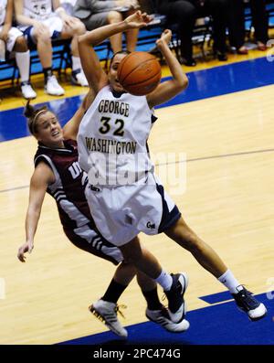 George Washington University's Sarah-Jo Lawrence, left, defends