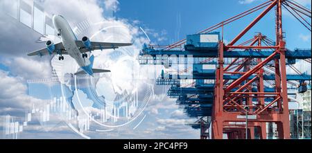 Airplane in the sky above the crane in the seaport. World trade and transportation concept Stock Photo