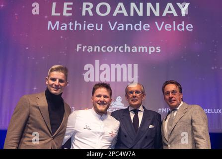 Chef Tim Boury, Mathieu Vande Velde of Le Roannay, Chef Peter Goossens and chef Viki Geunes pictured during the presentation of the new edition of the Michelin 2023 restaurant and hotel guide for Belgium and Luxembourg, in Mons, Monday 13 March 2023. BELGA PHOTO BENOIT DOPPAGNE Stock Photo