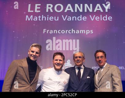 Chef Tim Boury, Mathieu Vande Velde of Le Roannay, Chef Peter Goossens and chef Viki Geunes pictured during the presentation of the new edition of the Michelin 2023 restaurant and hotel guide for Belgium and Luxembourg, in Mons, Monday 13 March 2023. BELGA PHOTO BENOIT DOPPAGNE Stock Photo
