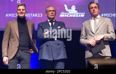 Chef Tim Boury (L), Peter Goossens (C) and chef Viki Geunes (R) pictured the presentation of the new edition of the Michelin 2023 restaurant and hotel guide for Belgium and Luxembourg, in Mons, Monday 13 March 2023. BELGA PHOTO BENOIT DOPPAGNE Stock Photo