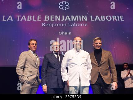 Viki Geunes (L), Chef Peter Goossens (2L), Benjamin Laborie of La Table Benjamin Laborie (2R) and chef Tim Boury (R) pictured the presentation of the new edition of the Michelin 2023 restaurant and hotel guide for Belgium and Luxembourg, in Mons, Monday 13 March 2023. BELGA PHOTO BENOIT DOPPAGNE Stock Photo