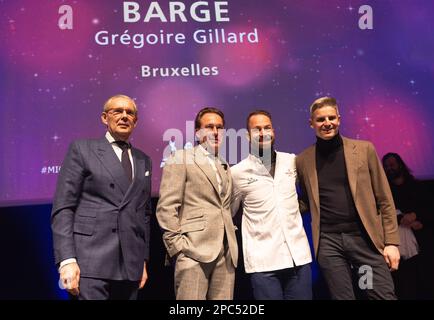 Chef Peter Goossens (L),  Viki Geunes (2L), Gregoire Gillard of Barge (2R) and chef Tim Boury (R) pictured the presentation of the new edition of the Michelin 2023 restaurant and hotel guide for Belgium and Luxembourg, in Mons, Monday 13 March 2023. BELGA PHOTO BENOIT DOPPAGNE Stock Photo