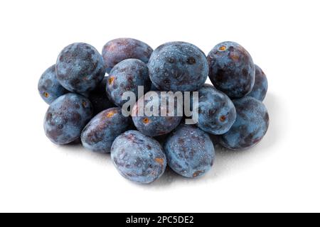 Plums on a white background. Ripe blue plums. Lots of fresh plums on a white background. Stock Photo
