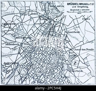 City map of Brussels and its surroundings, capital city of Brussels, Belgium, Western Europe, illustration 1896 Stock Photo