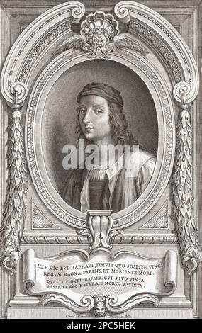 Raffaello Sanzio da Urbino, 1483 to 1520, aka Raphael. Italian painter and architect of the High Renaissance.  After an engraving by Jacob Frey from a work by Carlo Maratta. Stock Photo