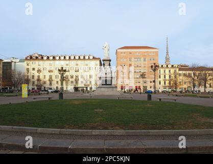 TURIN, ITALY - CIRCA JANUARY 2023: Piazza Carlina square with Camillo Benso Count of Cavour monument in by sculptor Giovanni Dupre circa 1873 Stock Photo