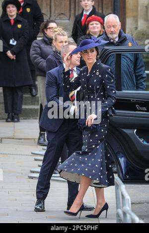 London, UK. 13th Mar, 2023. William and Catherine, the Prince and Princess of Wales. Politicians, Royals and guests arrive and depart form today's Commonwealth Service held at Westminster Abbey in central London. Stock Photo