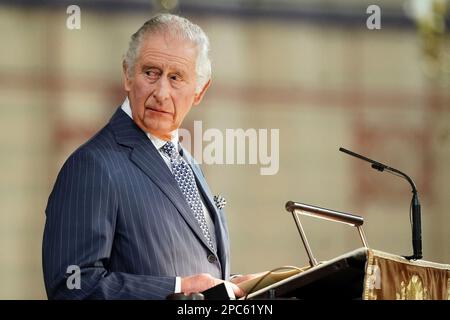 Britain's King Charles III speaks at the annual Commonwealth Day Service at Westminster Abbey in London, Monday March 13, 2023. (Jordan Pettitt/Pool via AP)