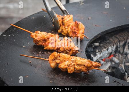 Preparing chicken meat skewers, grilled or roasted in a barbecue on an open fire with flames, shashlik or shashlyk for an outdoor picnic, close up Stock Photo