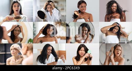 Sad unhappy young and adult different women suffering from hair loss, baldness, tangled and dry Stock Photo