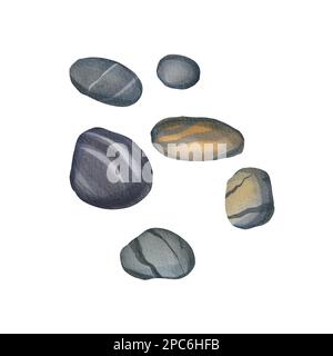 A set of sea stones of different sizes isolated on a white background. Watercolor illustration of gray, striped stones. The underwater bottom. Aquariu Stock Photo