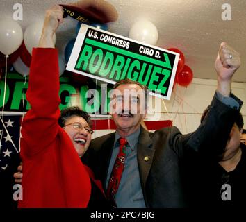 Democratic candidate Ciro Rodriguez celebrates celebrates with his