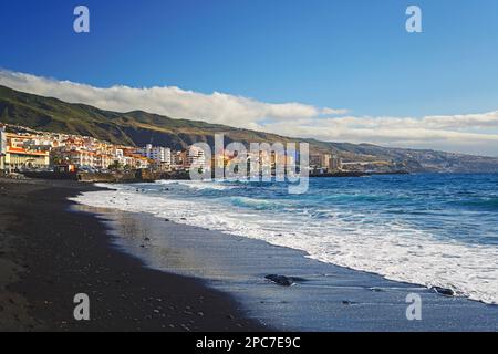 Black volcanic beach in Candelaria, Tenerife, Canary Islands, Spain, Europe Stock Photo