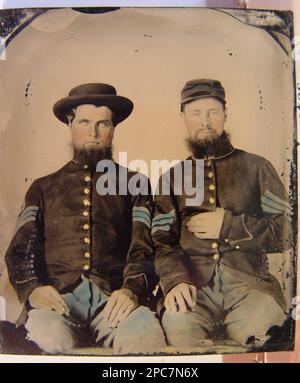 Two unidentified soldiers in Union sergeants' uniforms. Liljenquist Family Collection of Civil War Photographs , pp/liljunion. United States, Army, People, 1860-1870, Soldiers, Union, 1860-1870, Military uniforms, Union, 1860-1870, United States, History, Civil War, 1861-1865, Military personnel, Union. Stock Photo
