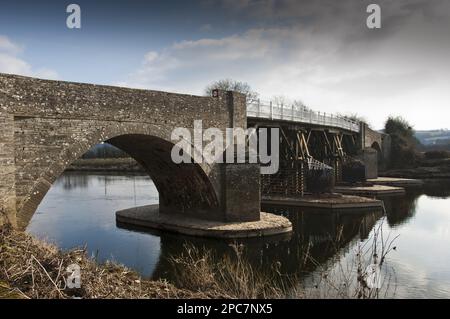 Toll bridge over the river, River Wye, Whitney-on-Wye, Herefordshire, England, Winter Stock Photo