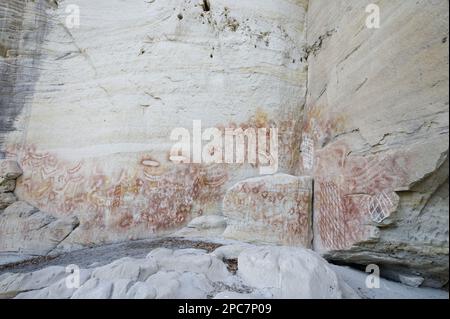 Aboriginal rock art, stencil art, approx. 2000 years old, showing depictions of hands, boomerangs, rock wallaby bones and emu feet, Art Gallery Stock Photo