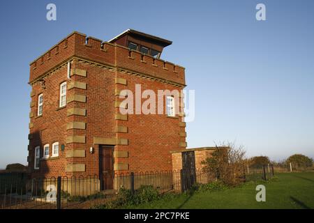 Former coastguard lookout tower and Marconi wartime listening post, on coastal clifftop at dawn, Old Hunstanton, Norfolk, England, United Kingdom Stock Photo