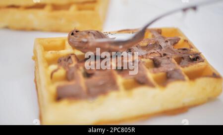 Waffles with chocolate paste, place for text with copy space. Stock Photo