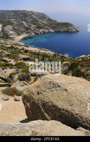 View of granite rocks and coastline, Montecristo Island, Tuscan Archipelago, Tuscany, Italy, Europe Stock Photo