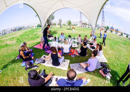 Baku, Azerbaijan, may 20, 2019: men and women practice yoga in a Park on a green glade. Stock Photo