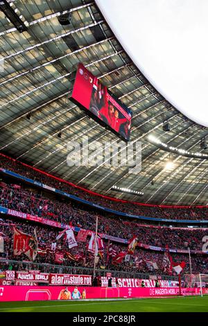 South curve, fan block, fans, fan curve, flags, atmosphere, atmospheric, FC Bayern Munich FCB, Allianz Arena, Munich, Bavaria, Germany, Europe Stock Photo