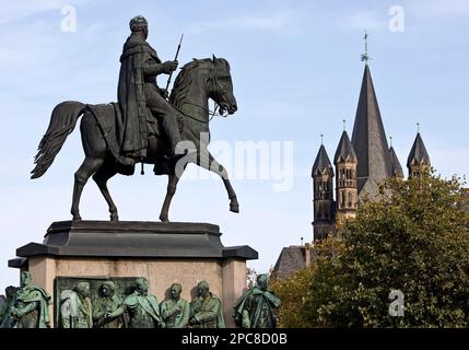 Equestrian statue for King Frederick William III of Prussia and Gross St. Martin Church, Cologne, Rhineland, North Rhine-Westphalia, Germany Stock Photo