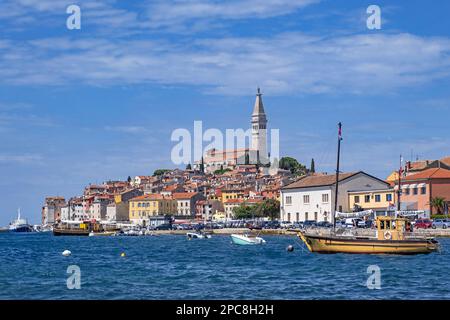 View over the harbour, Church of St. Euphemia and city Rovinj / Rovigno, seaside resort along the north Adriatic Sea, Istria County, Croatia Stock Photo