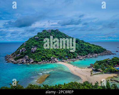 Aerial view of Koh Nang Yuan paradise island in Koh Tao, Thailand. View of an island from a viewpoint on the top of the hill Stock Photo