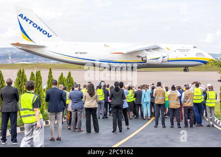 Kigali, Rwanda. 12th Apr, 2023. An Antonov 124-100M with the inscription 'Be Brave like Mykolaiv' lands at the international airport with special containers from Biontech on board. The arrival of the first special containers in Rwanda brings the vaccine production of the Mainz-based company Biontech on African soil a little closer. Six special shipping containers arrived by plane, according to Biontech. The six containers will form a so-called 'BioNTainer', a modular production unit, in a hall on a Biontech site in a special economic zone in Kigali. Credit: Jean Bizi/dpa/Alamy Live News Stock Photo