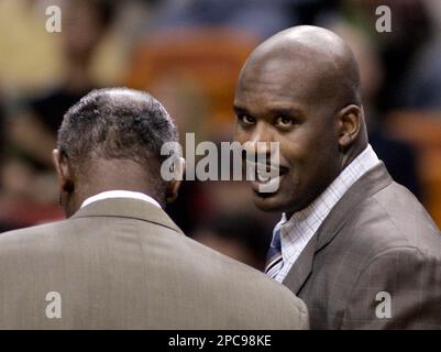 Bob McAdoo of the Miami Heat stands on the court before the game  New  york knicks, American airlines arena, National basketball association