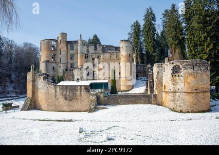 Europe, Luxembourg, Grevenmacher, Beaufort Castle (Chateau de Beaufort) in the Wintertime Stock Photo