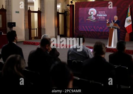 Mexico City, Mexico. 13th Mar, 2023. The President of Mexico, Andres Manuel Lopez Obrador during the press conference before reporters at the National Palace in Mexico City. on March 13, 2023 in Mexico City, Mexico (Credit Image: © Luis Barron/eyepix via ZUMA Press Wire) EDITORIAL USAGE ONLY! Not for Commercial USAGE! Credit: ZUMA Press, Inc./Alamy Live News Stock Photo