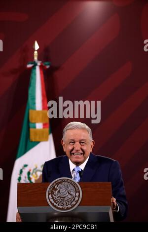 Mexico City, Mexico. 13th Mar, 2023. The President of Mexico, Andres Manuel Lopez Obrador during the press conference before reporters at the National Palace in Mexico City. on March 13, 2023 in Mexico City, Mexico (Credit Image: © Luis Barron/eyepix via ZUMA Press Wire) EDITORIAL USAGE ONLY! Not for Commercial USAGE! Credit: ZUMA Press, Inc./Alamy Live News Stock Photo