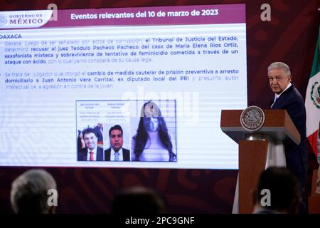 Mexico City, Mexico. 13th Mar, 2023. The President of Mexico, Andres Manuel Lopez Obrador during the press conference before reporters at the National Palace in Mexico City. on March 13, 2023 in Mexico City, Mexico (Credit Image: © Luis Barron/eyepix via ZUMA Press Wire) EDITORIAL USAGE ONLY! Not for Commercial USAGE! Credit: ZUMA Press, Inc./Alamy Live News Stock Photo