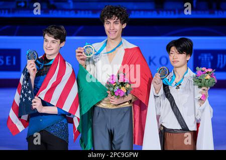 Turin, Italy. 10th Dec, 2022. (L) Lucas Broussard of USA (Silver), (C) Nikolaj Memola of Italy (Gold) and (R) Nozomu Yoshioka of Japan (Bronze) pose with their medals in the Junior Men during the ISU Grand Prix of Figure Skating Final Turin at Palavela. (Credit Image: © Davide Di Lalla/SOPA Images via ZUMA Press Wire) EDITORIAL USAGE ONLY! Not for Commercial USAGE! Stock Photo
