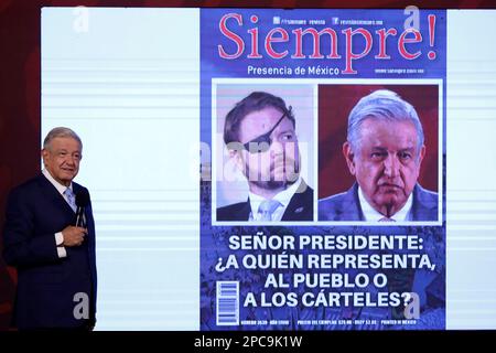 March 13, 2023, Mexico City, Mexico: The President of Mexico, Andres Manuel Lopez Obrador during the press conference before reporters at the National Palace in Mexico City. on March 13, 2023 in Mexico City, Mexico (Photo by Luis Barron / Eyepix Group). Stock Photo