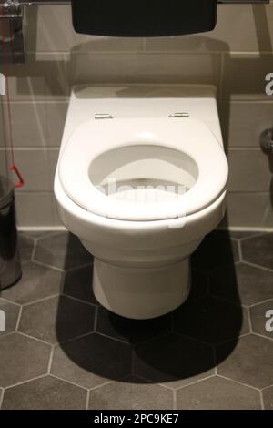 Plain white accessible toilet with back rest and red emergency cord Stock Photo