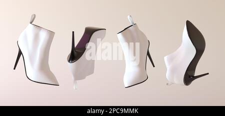 Flying fashionable white women's ankle boots with high heels isolated on beige background. Trendy shoes float. Horizontal banner. Creative minimal Stock Photo