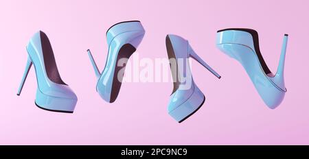 Flying fashionable blue women's stilettos high heels shoes isolated on pink background. Trendy shoes float. Horizontal banner. Creative minimal banner Stock Photo