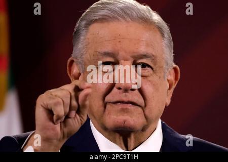 Mexico City, Mexico. 13th Mar, 2023. The President of Mexico, Andres Manuel Lopez Obrador during the press conference before reporters at the National Palace in Mexico City. on March 13, 2023 in Mexico City, Mexico (Credit Image: © Luis Barron/eyepix via ZUMA Press Wire) EDITORIAL USAGE ONLY! Not for Commercial USAGE! Credit: ZUMA Press, Inc./Alamy Live News Stock Photo