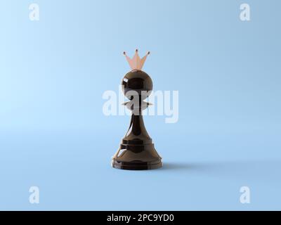Black chess pawn with crown isolated on pastel flat blue background. Crowned pawn figure. Success strategy, business creative concept. 3d render Stock Photo