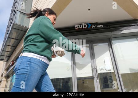 Los Angeles, California, USA. 13th Mar, 2023. A woman walks by a Silicon Valley Bank (SVB) in Pasadena, California, Monday, March 13, 2023. Signature Bank and Silicon Valley Bank shut down over the weekend. The collapse of Silicon Valley Bank was the second-largest bank failure in U.S. history. (Credit Image: © Ringo Chiu/ZUMA Press Wire) EDITORIAL USAGE ONLY! Not for Commercial USAGE! Credit: ZUMA Press, Inc./Alamy Live News Stock Photo